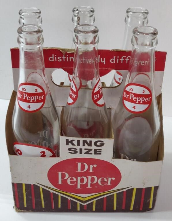 6 Vintage Dr. Pepper Bottles w/ Original Case