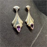 Sterling Amethyst Deco-Style Drop Earrings