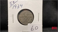 1934 5 cent Canadian coin