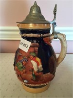 Pottery Gerz pitcher, relief, hand painted, pub