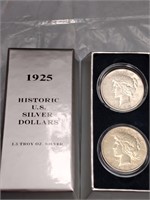 1925 box set of 2 peace 90% silver dollars