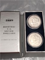 1889 box set of 2 Morgan 90% silver dollars