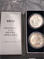 1880 box set of 2 Morgan 90% silver dollars