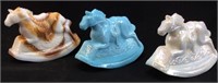 (3) MOSSER CARNIVAL GLASS HORSE FIGURINES, 1982