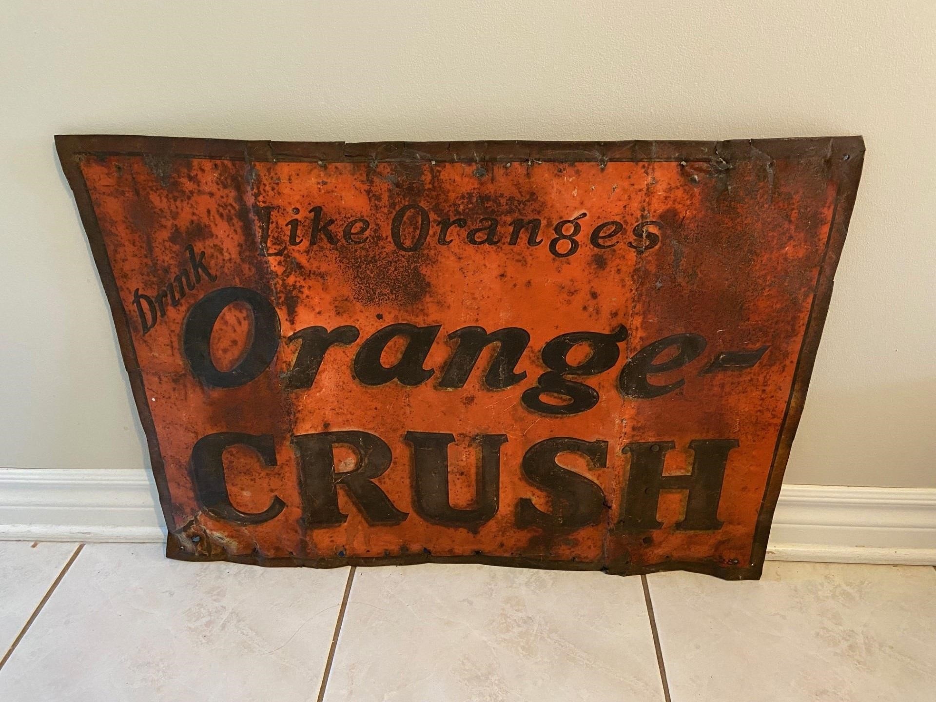 Antique 1920s Orange Crush Embossed Metal Sign
