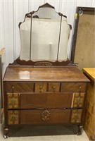 (W) Antique Wood Dresser With Mirror. On Wheels.