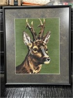 FRAMED NEEDLE POINT DEER PICTURE, 21 1/4" X 18 1/4