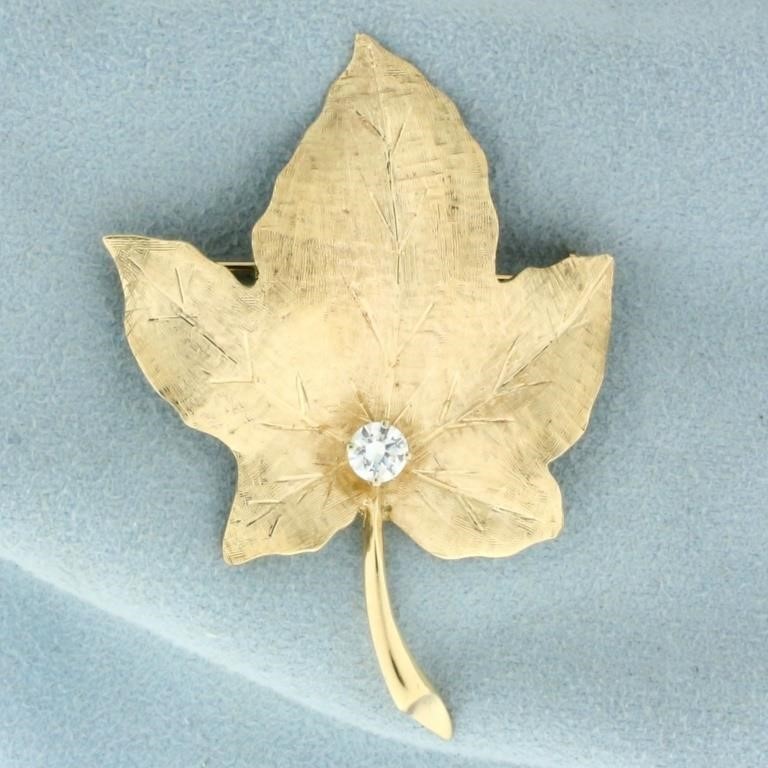 Maple Leaf 1/3ct Diamond Brooch or Pin in 14K Yell
