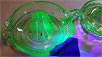 2 Green Uranium Depression Glass Juicers