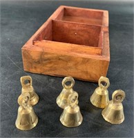 Brass inlaid box with small brass bells, box is 4"