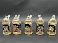 (5) German Folk Life Steins w/ Pewter Lids