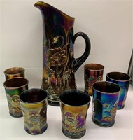 Carnival Glass Pitcher And 7 Cups, Northwood