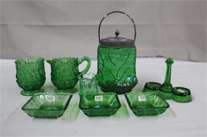 Green glass, biscuit jar with handle, 9.5" to top