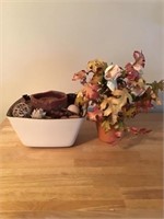 Ceramic Bowl With Candles, Silk Leaf Pot