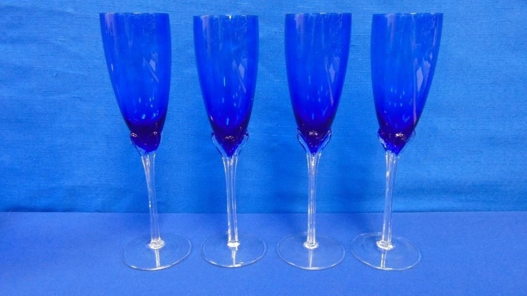 (4) Cobalt Blue Topped Champagne Glasses