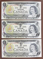3x Billets 1$ CANADA 1973 comme neufs avec album
