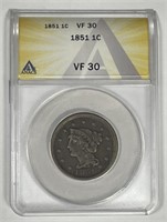 1851 Braided Hair Large Cent Very Fine ANACS VF30