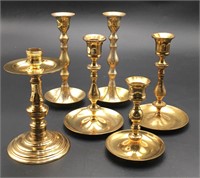 6 Brass Candleholders, various heights, styles