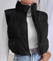 Women's Black Zip Up Puffer Vest Coat-L