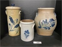Blue Floral Pottery Works Rowe Stoneware Crocks.