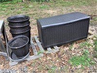 outdoor storage bin, four matching planters