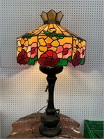 Leaded Glass Lamp With Oriental Bronze Dragon Base
