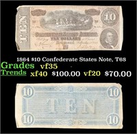 1864 $10 Confederate States Note, T68 Grades vf++