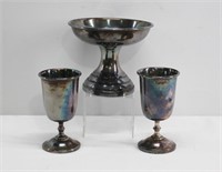 Silver Plated Pedestal Dish & 2 Goblets 7"