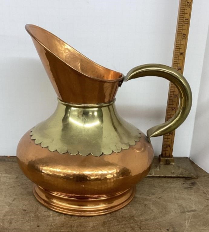 Hammered copper & brass Belgian water pitcher