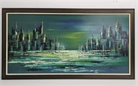 SIGNED OIL ON BOARD - ABSTRACT CITYSCAPE