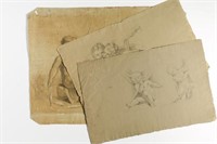 Italian School- 3 Charcoal & Chalk/ Paper Drawings