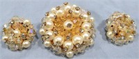 CZ*FAUX PEARL*CARNIVAL GLASS BROOCH & CLIP-ONS