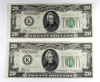 2 1934 CONSECUTIVE $20 FEDERAL RESERVE NOTE