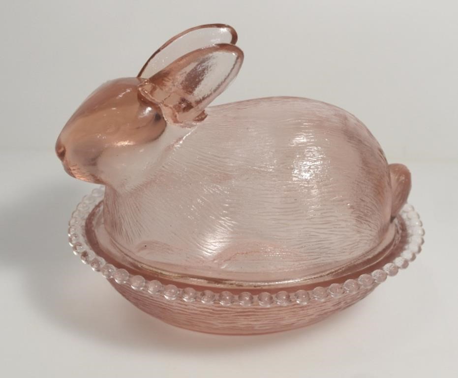 PINK DEPRESSION GLASS BUNNY ON NEST TRINKET BOX