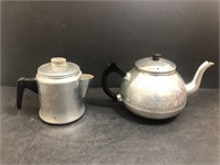 Small coffee percolator, and a 8 cup tea kettle.