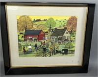 Folk art watercolor "Auction Day" scene by Hattie