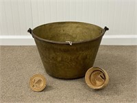 Large Brass Bucket and 2 Wooden Butter Stamps