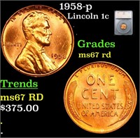 1958-p Lincoln Cent 1c Graded ms67 rd By SEGS