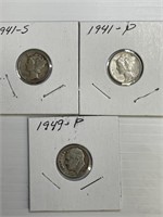 1941-P, 1942-S, 1949-P Mercury Dimes