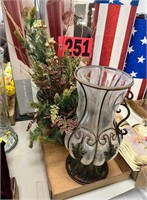 Floral arrangement & frosted glass vase w/ metal