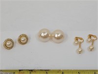 3 Faux Pearl & Gold Clip On Earrings