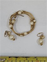 Faux Pearl Clip on Earrings & Coil Bracelet Set
