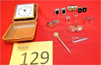 Vintage West Clox Travel Alarm Clock & Cuff Links