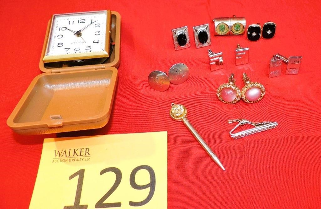Vintage West Clox Travel Alarm Clock & Cuff Links