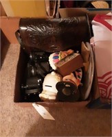 Box of misc items including Binoculars, Purse,