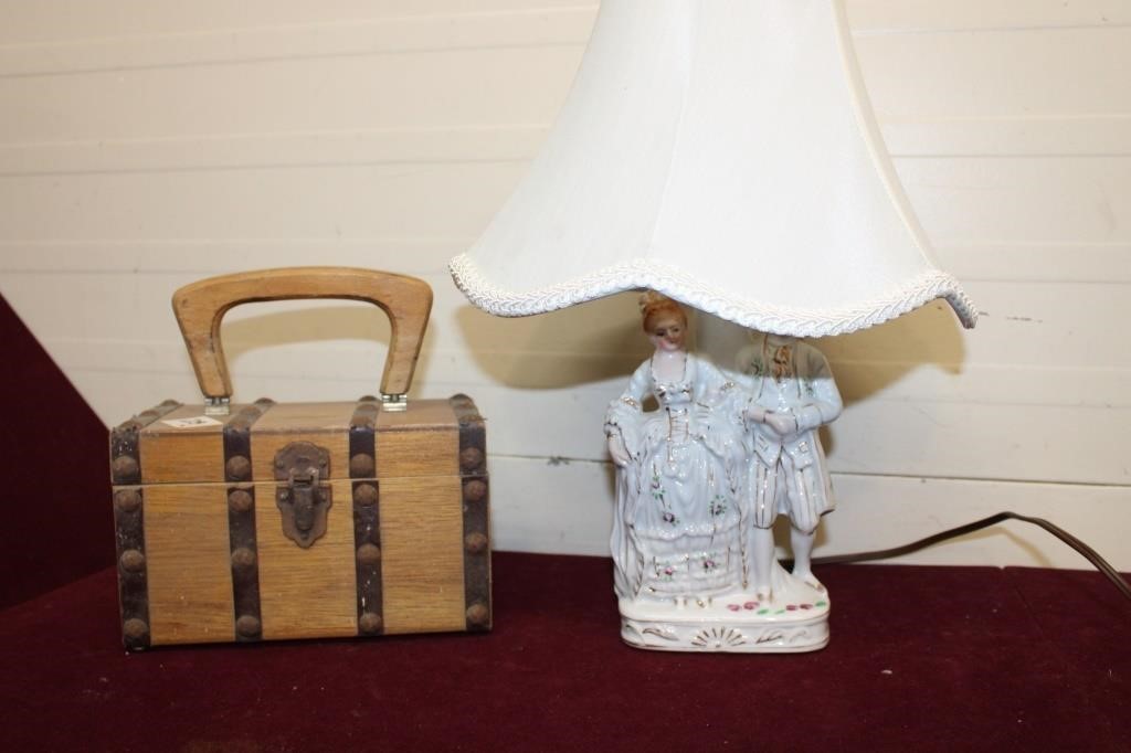 Wooden Purse & Porcelain Figural Lamp