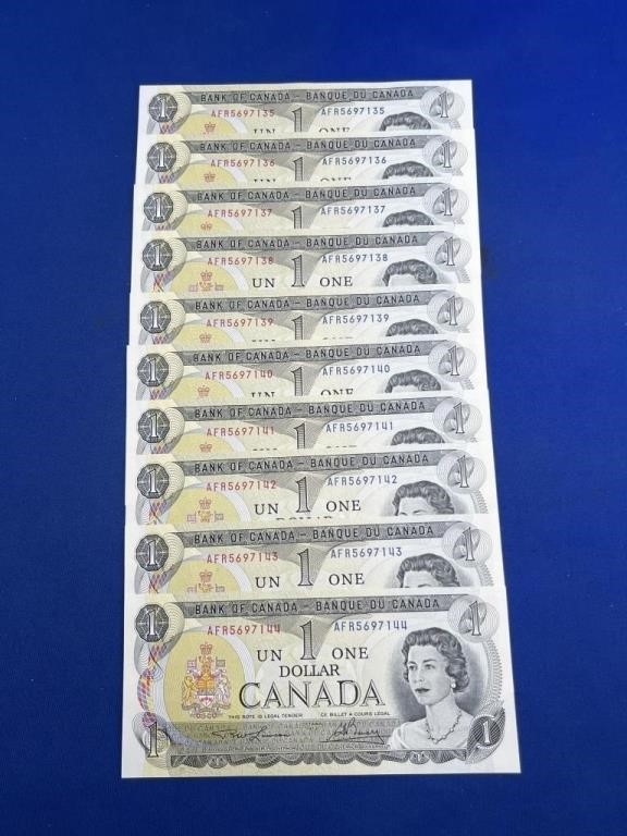 Lot of 10 1973 Canada $1 - Consecutive Serial #'s
