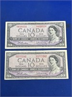 2 Circulated 1954 $10 Bills