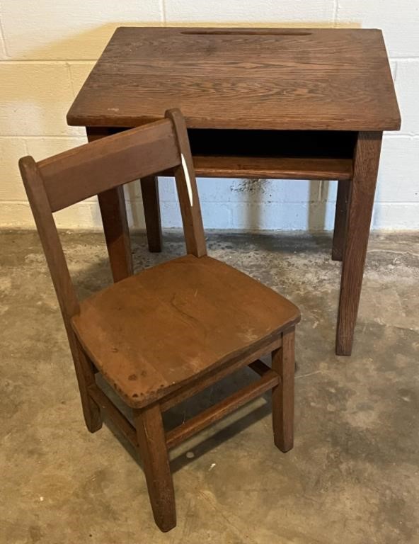 Oak Child’s School Desk and Chair 24”x 18 1/2”x