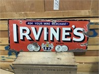 Original Irvine's wine enamel sign bottom missing